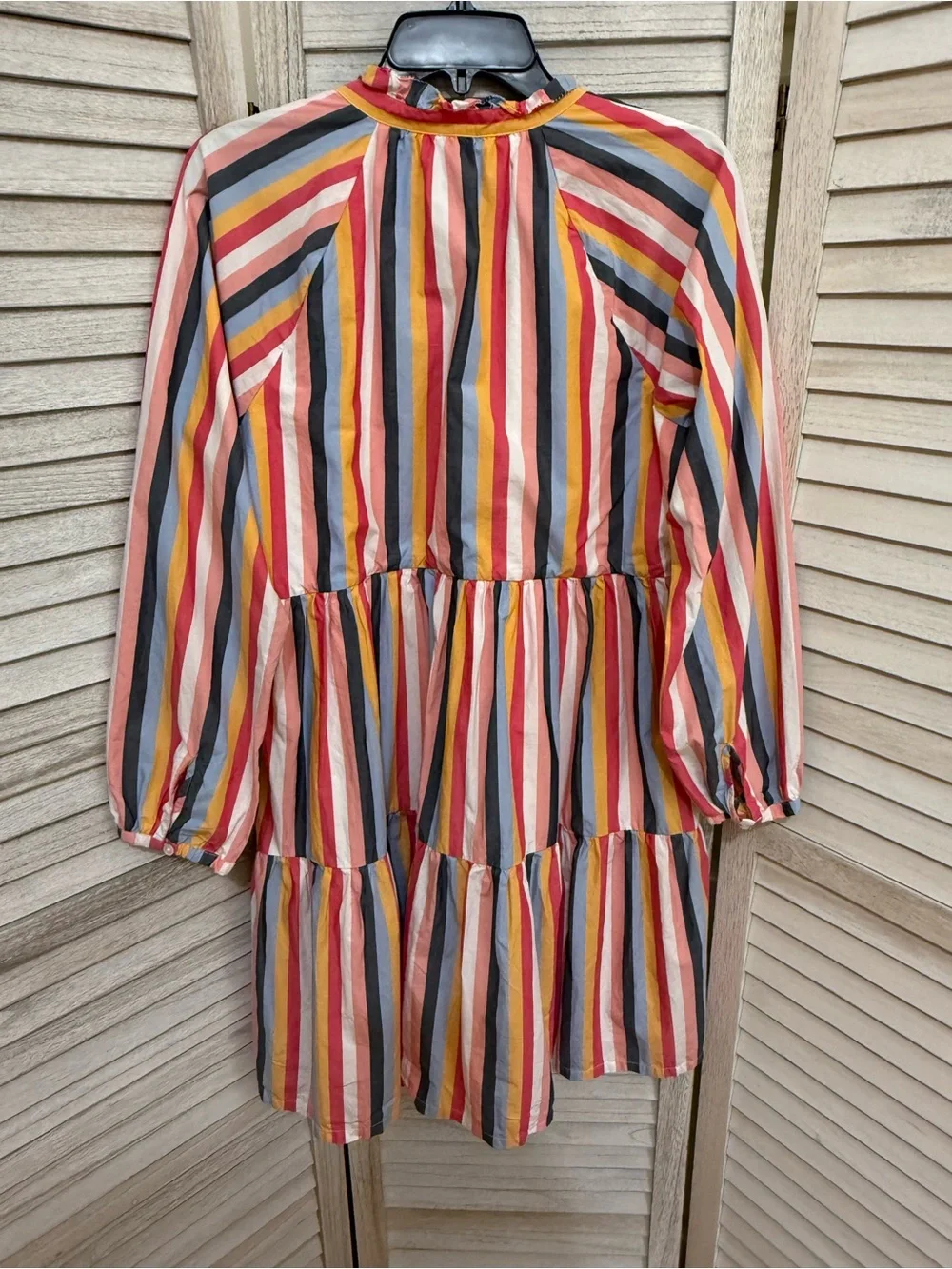 J. Crew Multi-Stripe Tiered Long-Sleeve Dress in Pink, Yellow, Blue, Gray